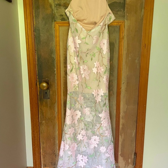 Cream dress with embroidered pink floral overlay. Sheer from knees down. - Picture 5 of 6